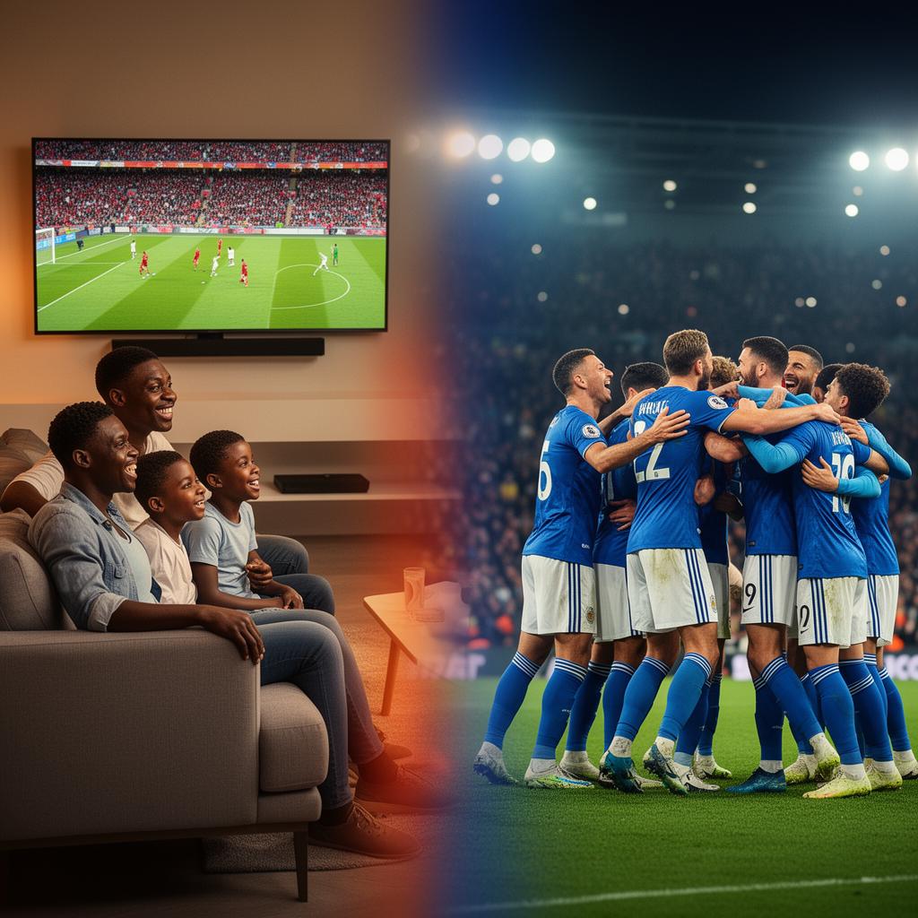 Family watching live football on TV blended with players celebrating in the stadium
